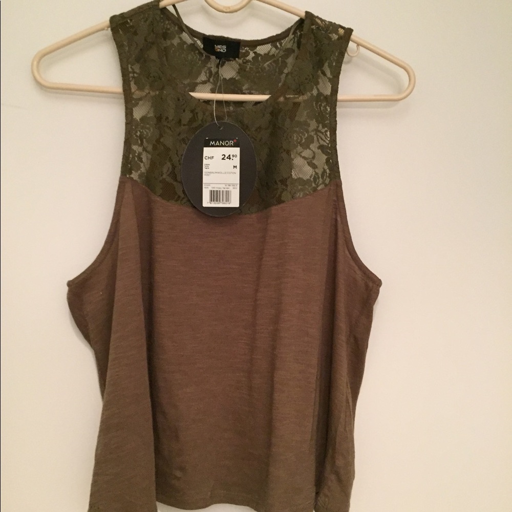 NWT Manor Sexy Stylish Lace & Cotton cropped Tank Top blouse Olive green Khaki M